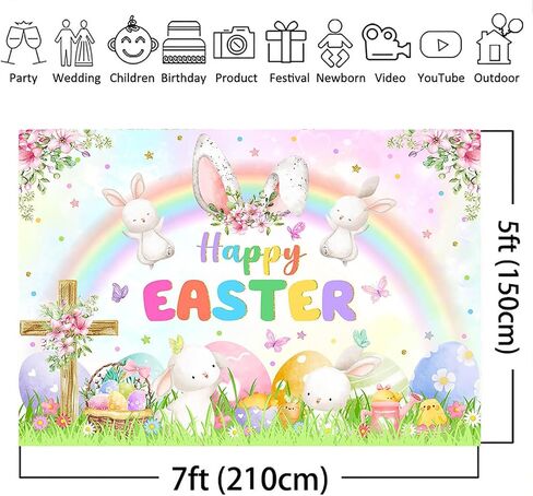 Mocsicka 7x5ft Spring Easter Photography Backdrop Pastel Rainbow Garden Bunny Rabbit Photo Banner Happy Easter Colorful Eggs Hunt Party Decorations Photo Props in Kuwait