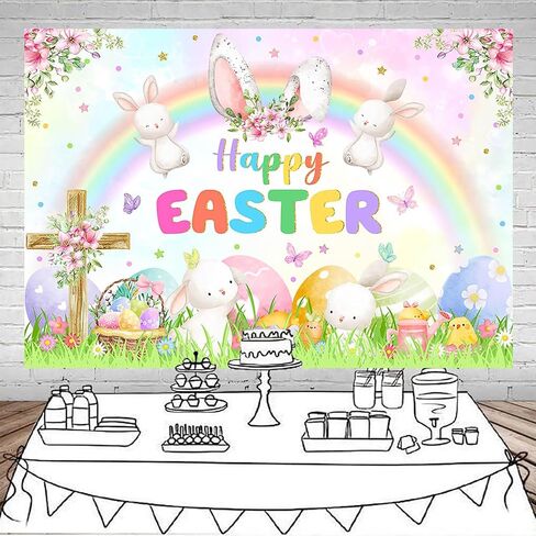 Mocsicka 7x5ft Spring Easter Photography Backdrop Pastel Rainbow Garden Bunny Rabbit Photo Banner Happy Easter Colorful Eggs Hunt Party Decorations Photo Props in Kuwait