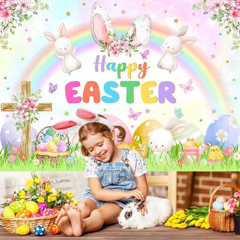 Mocsicka 7x5ft Spring Easter Photography Backdrop Pastel Rainbow Garden Bunny Rabbit Photo Banner Happy Easter Colorful Eggs Hunt Party Decorations Photo Props in Kuwait