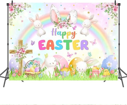 Mocsicka 7x5ft Spring Easter Photography Backdrop Pastel Rainbow Garden Bunny Rabbit Photo Banner Happy Easter Colorful Eggs Hunt Party Decorations Photo Props in Kuwait