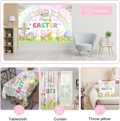 Mocsicka 7x5ft Spring Easter Photography Backdrop Pastel Rainbow Garden Bunny Rabbit Photo Banner Happy Easter Colorful Eggs Hunt Party Decorations Photo Props in Kuwait