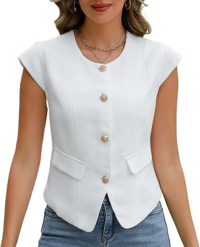 Ladyful Summer Tweed Vest Top for Women Sleeveless Blazer Jacket Open Front Work Office Suit Waistcoat Coat in Kuwait