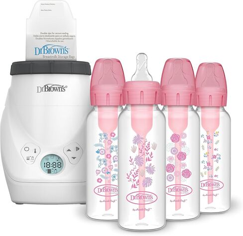 Dr. Brown's Milk Spa Breast Milk & Bottle Warmer with Anti-Colic Options+ Narrow Baby Bottles 8 oz/250 mL, with Level 1 Slow Flow Nipple, 4 Pack, Pink Floral, 0m+ in Saudi Arabia