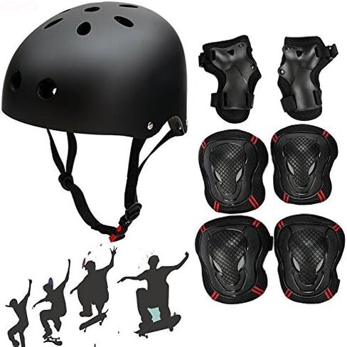 Adjustable Skateboard Skate Helmet with Protective Gear Knee Pads Elbow Pads Wrist Pads for Youth Outdoor Sports, BMX, Skateboard, Scooter, Bike, Roller, Kid's Protective Gear Set Black L in Kuwait
