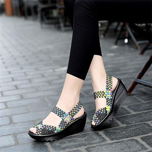 Veroders Women's Woven Elastic Sandals Breathable Flexible Comfortable Platform Wedges Sandals Walking Mary Jane Platform Sandals Shoes in Kuwait