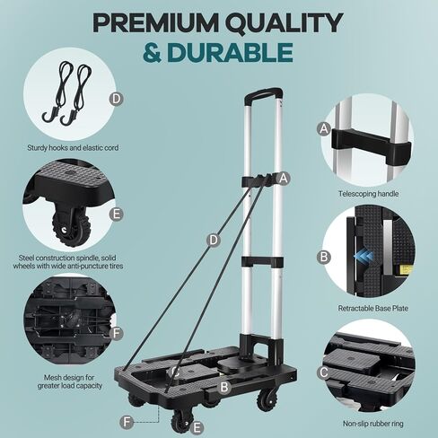 Folding Hand Truck with 7 Wheels,Hand Truck Foldable with 2 Elastic Ropes and Retractable Base,330LBS Heavy Duty Platform Truck for Moving,Travel, Shopping, House Office Use, Black in Saudi Arabia