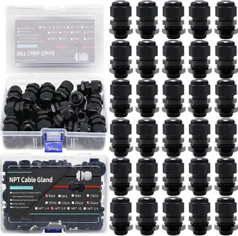 Cable Gland Waterproof Kit White IP68,NPT Wire Gland Cable Fixation and Connector - Nylon PA66 Plastic,NPT Cable Gland 1/4", 3/8", 1/2", 3/4"(33PCS Black) in Saudi Arabia