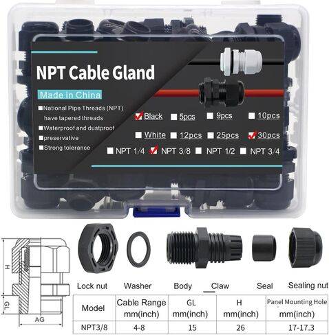 Cable Gland Waterproof Kit White IP68,NPT Wire Gland Cable Fixation and Connector - Nylon PA66 Plastic,NPT Cable Gland 1/4", 3/8", 1/2", 3/4"(33PCS Black) in Saudi Arabia