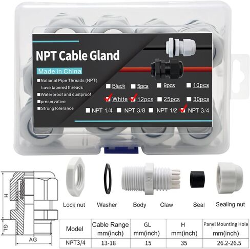 Cable Gland Waterproof Kit White IP68,NPT Wire Gland Cable Fixation and Connector - Nylon PA66 Plastic,NPT Cable Gland 1/4", 3/8", 1/2", 3/4"(33PCS Black) in Saudi Arabia