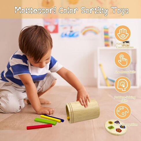 Wooden Montessori Sticks Toys for Kids, 8 Colors Natural Wood Toddler Learning Sorting Toys for 3 Year Old, Sensory Matching Game Birthday Gifts for Boys Girls (Multi-Shaped Stick) in Kuwait
