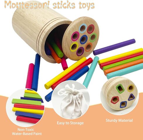 Wooden Montessori Sticks Toys for Kids, 8 Colors Natural Wood Toddler Learning Sorting Toys for 3 Year Old, Sensory Matching Game Birthday Gifts for Boys Girls (Multi-Shaped Stick) in Kuwait