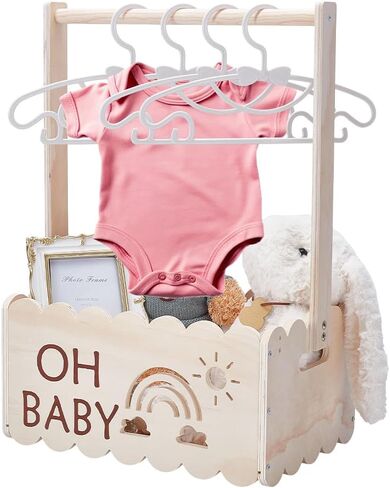 UNICRAFTALE Wooden Baby Shower Crate Closet Baby Storage Crate Hamper Shower Party Basket with Handle with 8pcs Kids' Hanger Welcome Baby Gifts Pregnancy Gifts for New Parents in Saudi Arabia