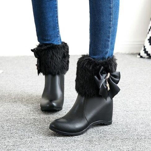 Women Winter Warm Hidden Wedge Snow Booties Leather Cute Bowknot Rhinestones Fluffy Fur Lined Thickening Side Zipper Ankle Boots in Saudi Arabia