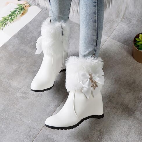 Women Winter Warm Hidden Wedge Snow Booties Leather Cute Bowknot Rhinestones Fluffy Fur Lined Thickening Side Zipper Ankle Boots in Saudi Arabia