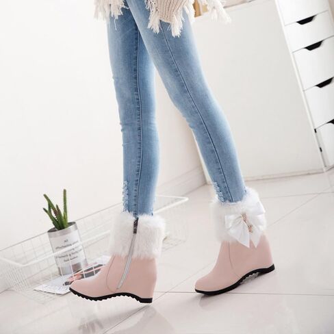 Women Winter Warm Hidden Wedge Snow Booties Leather Cute Bowknot Rhinestones Fluffy Fur Lined Thickening Side Zipper Ankle Boots in Saudi Arabia