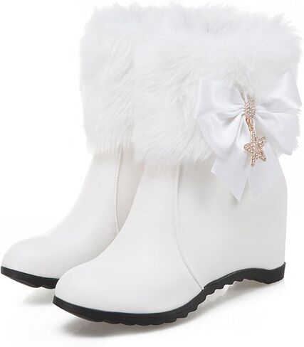 Women Winter Warm Hidden Wedge Snow Booties Leather Cute Bowknot Rhinestones Fluffy Fur Lined Thickening Side Zipper Ankle Boots in Saudi Arabia