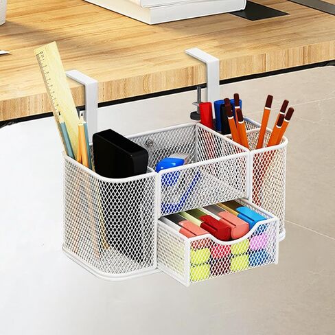 Clamp on Under Desk Mesh Pen Holder Organizer Desktop Office Supplies with 5 Compartments + Drawer for Home, School, Classroom in Saudi Arabia