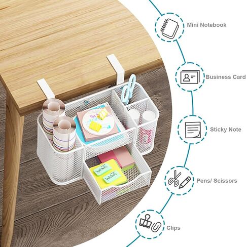 Clamp on Under Desk Mesh Pen Holder Organizer Desktop Office Supplies with 5 Compartments + Drawer for Home, School, Classroom in Saudi Arabia