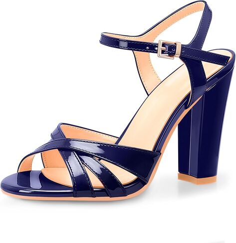 Women's Patent Leather Heeled Sandals - Chunky High Heel Open Toe with Adjustable Buckle Strap | Comfort Dress Shoes for Weddings/Parties in Saudi Arabia