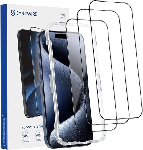 واقي شاشة SYNCWIRE iPhone 15، 3 قطع، تغطية كاملة من الزجاج المقسى المقاوم للكسر من الدرجة العسكرية [سهل التركيب] [صلابة 9H] [خالية من الفقاعات] [99.99% HD Diamond Clear] لهاتف Apple 6.1" in Saudi Arabia