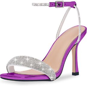 Women's Rhinestone Stiletto High Heel Square Open Toe Strappy Heels Sandals Ankle Strap Sexy Party Wedding Shoes