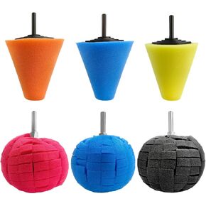 6 PCS Car Wheel Hub Drill Buffing Sponge Pads, Sponge Polishing Cone and Ball Pads Kit, Polishers Pads for Vehicle Wheel Hub Cleaning Care Waxing, Universal Car Accessories