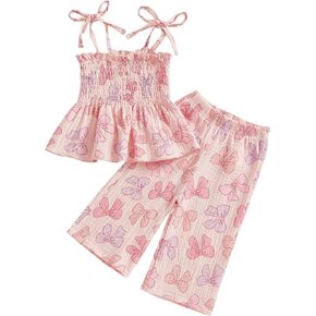 Little Kids Girl Summer Outfit Sleeveless Tied Flower Print Cami Tank Tops Elastic Pants Toddler 2Pcs Clothes Set