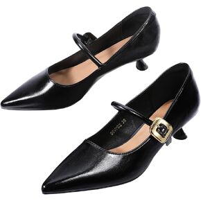 Zelaprox Women Vintage Pointed Toe Slip On Pumps Shoes Black Mary Jane Closed Toe Low Kitten Heel Shoes Buckle Strap for Bridal Guest Dress Prom