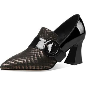 TinaCus Patent and Genuine Leather Women's Handmade Pointed Toe Modern Buckle Decor Mid Spool Heel Slip On Pump Shoes