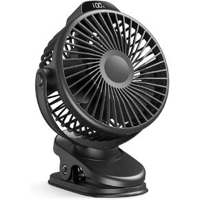 Koonie Portable Clip On Fan, Small USB Fan Battery Operated, 3 Speed Rechargeable Mini Fan With LED Display, 360° Rotate Personal Cooling Desk Fan for Stroller Travel Camping Golf Gym