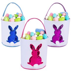 Rejolly Easter Bunny Basket for Kids, 3 Pack Easter Egg Hunt Canvas Bucket Bags for Baby Boys Girls Candies Storage Basket Easter Party Gifts Pink Purple Blue