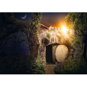 Fabric 7x5ft Resurrection of Jesus Christ Backdrop Empty Tomb Hole He is Risen Crucifixion at Sunrise Background Lord Pray Christian Christmas Easter Holy Light Religious Belief Photo Prop