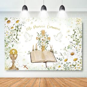 Mocsicka Mi Primera Comunion Backdrop First Holy Communion Baptism Party Decoration Gold Dots Daisy Christening God Bless Photography Background Banner Photo Booth Props (Gold, 7x5ft(82''x60''))