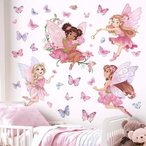 wondever Pink Fairy Girls Wall Stickers Elves Flower Butterfly Peel and Stick Wall Art Decals for Girls Bedroom Baby Nursery Kids Room