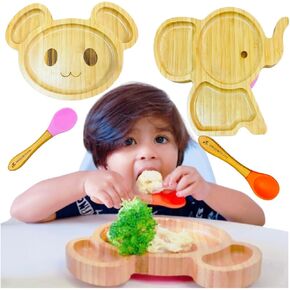 Bamboo Elephant & Panda Shaped Serving Trays with 2 spoons, Natural Bamboo Finish