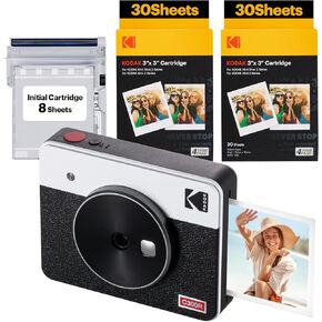KODAK Mini Shot 3 Retro 4PASS 2-in-1 Instant Digital Camera and Photo Printer (3x3 inches) + 60 Sheets Cartridge Bundle, White