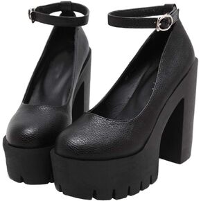 KOKOMOMO Womens Round Toe Platform Ankle Strap Pumps Chunky High Heels Goth Shoes (Black, Numeric 8.5)