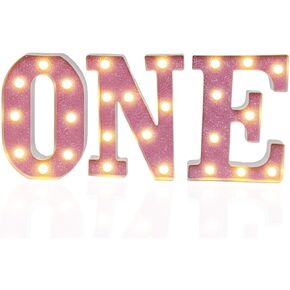3 Pieces LED Light up Letter ONE 8 Inch Plastic Marquee Number Lights First Birthday Sign 1st Birthday Decorations Light up Letters for Girls Baby 1 Year Old Birthday Party Supplies (Pink-large)