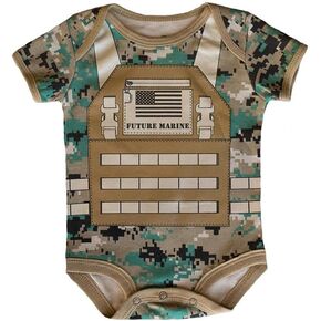 Marine Corps Future Marine Woodland Camo Short Sleeve Baby Bodysuit Featuring Screen Printed Flak Jacket