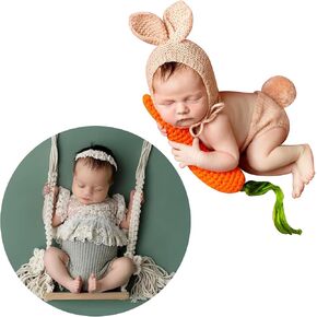 Newborn Photography Props Swing Prop Wooden Swing Seats Baby Photo Props+Easter Newborn Photography Props Bunny Outfit Crochet Baby Photoshoot Props Rabbit Carrot Set Baby Photo Prop Easter Gift