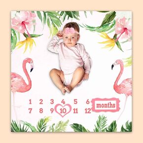 Monthly Milestone Blanket for Baby Girl, Pink Flamingo Tropical Palm Leaf Growth Chart Blanket Baby Pictures, 47"x47" New Born Photography Backdrop 1-12 Months 4 Frames, 1 Headband, BTXTPH165