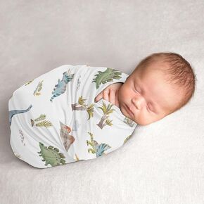 Sweet Jojo Designs Watercolor Dinosaur Dino Boy Baby Swaddle Blanket Infant Newborn Lightweight Jersey Stretchy Receiving Security Stroller Cover Green Blue Modern Jurassic Nature Animal Turquoise Tan