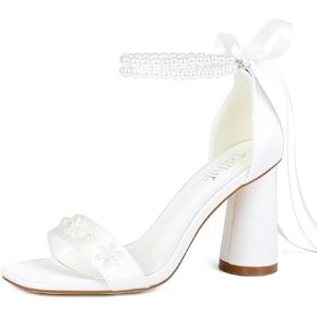 Pearl Heels Wedding Shoes for Bride Open Toe Bridal Shoes White Ivory Heels Chunky Heeled Sandals