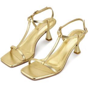 ISNOM Strappy Heels for Women T-strap Heeled Sandals Open Square Toe Kitten Heels Ankle Strap Sandals for Date Party Prom
