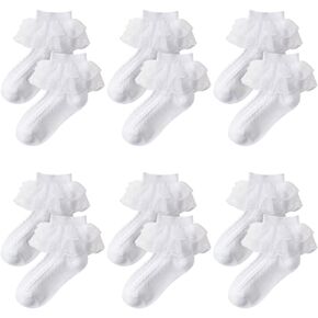 6 Pairs Girls Ruffle Ankle Socks Kids Frilly Ballet Socks Dance Cotton Socks School Lace Socks Elastic Princess Socks White
