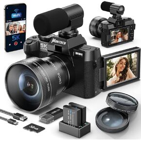 5K Digital Compact Camera for Photography and Video,48MP Vlogging Camera for YouTube with 180° Flip Screen,16X Digital Zoom,52mm Wide Angle & Macro Lens, 2 Batteries, 32GB TF Card(Black)