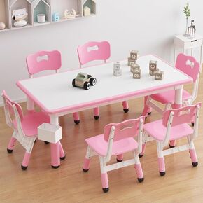 Kids Table and 6 Chairs Set, Height Adjustable Toddler Table and Chair Set, Graffiti Desktop, Children Multi-Activity Table for 6, Kids Study Table for Home Daycare Preschool for Ages 2-8, Grey