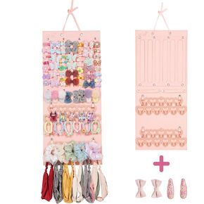 Hanging Bow Organizer for Girls – 1 Pack Hair Bow Holder for Wall with 4 hairclips, Headband and Clip Storage – Hair Accessories Display – Nursery Decor for Baby, Toddler, Kids Room (Pink)