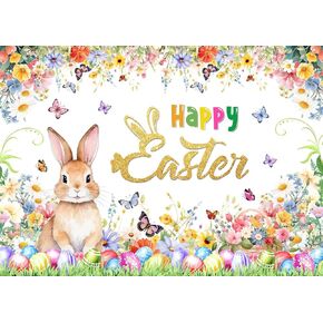 LYCGS 10x8ft Spring Happy Easter Backdrop Cartoon Rabbit Colored Egg Flower Kids Easter Photo Decoration Banner X-349
