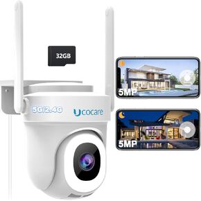 Security Camera Outdoor 3K 5MP, (1 Pack), 5G/2.4GHz WiFi Wired Outside Cameras for Home Security with 32GB TF Card-No Monthly Fee, Video Playback, Motion Tracking, Night Vision